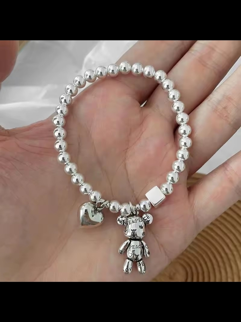Silver-Tone Beaded Heart & Teddy Charm Bracelet - Picture 3 of 5
